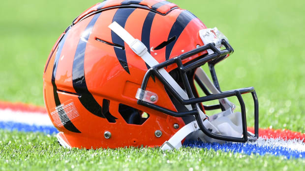 Sep 22, 2019; Orchard Park, NY, USA; General view of a Cincinnati Bengals helmet prior to the game against the Buffalo Bills at New Era Field.